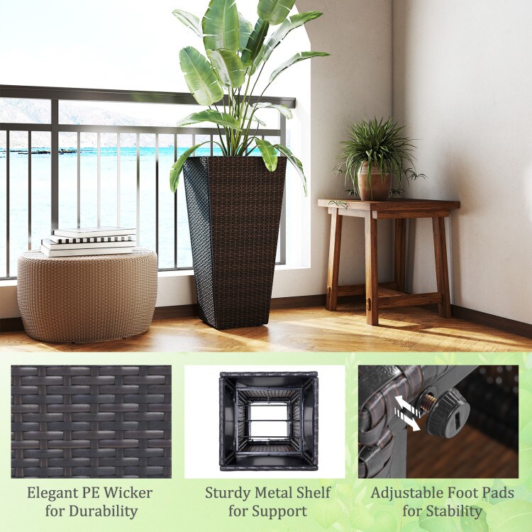 2-Pack Outdoor Rattan Planters with Metal Frame and Drainage System for Patio Plants