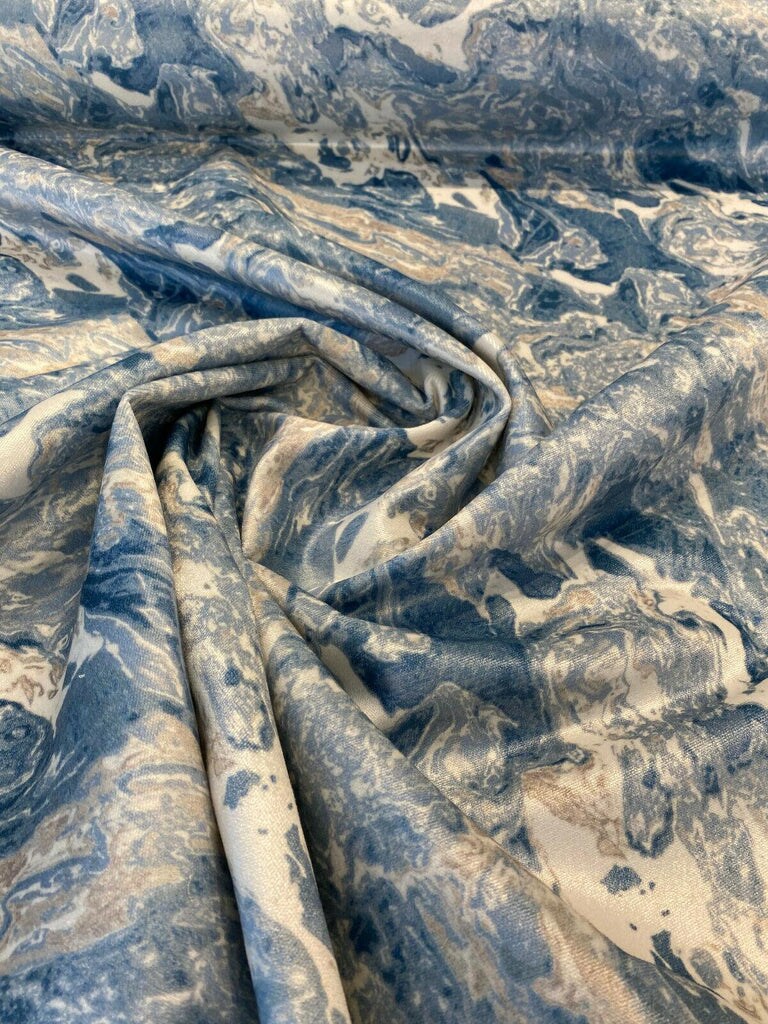 1 Yard Upholstery Velvet Fabric Marble Gate Blue Cerulean Durable Latex Backed 100% Polyester 54 Inch Width