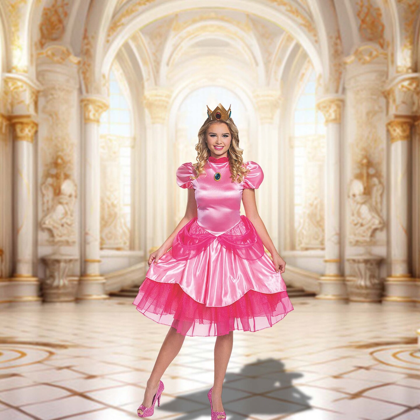 Womens Princess Peach Deluxe Adult Halloween Costume Pink Dress