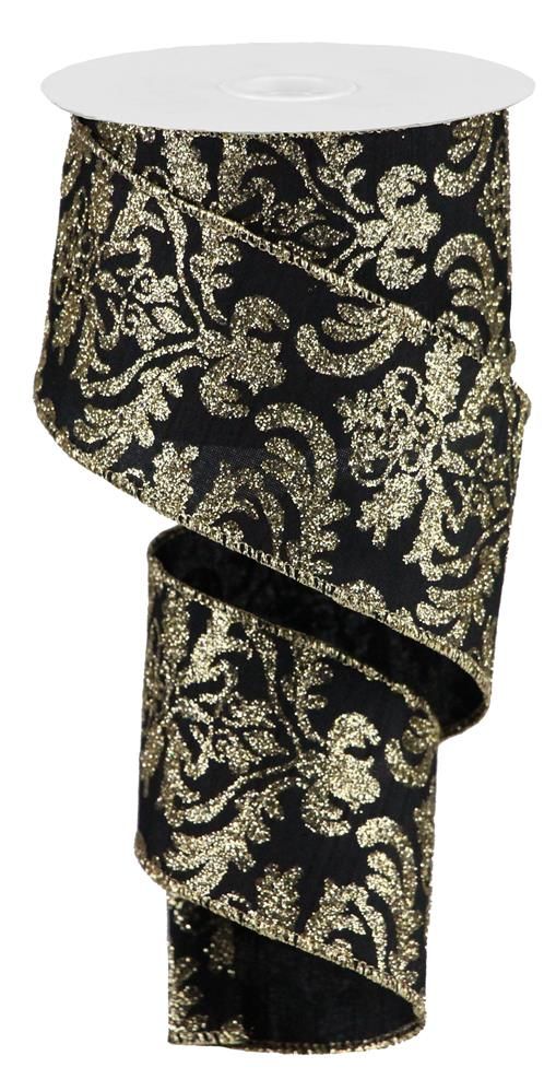 RG Ribbon Glitter Damask, Wired Faux Dupioni, 2.5&#x22; x 10 Yards