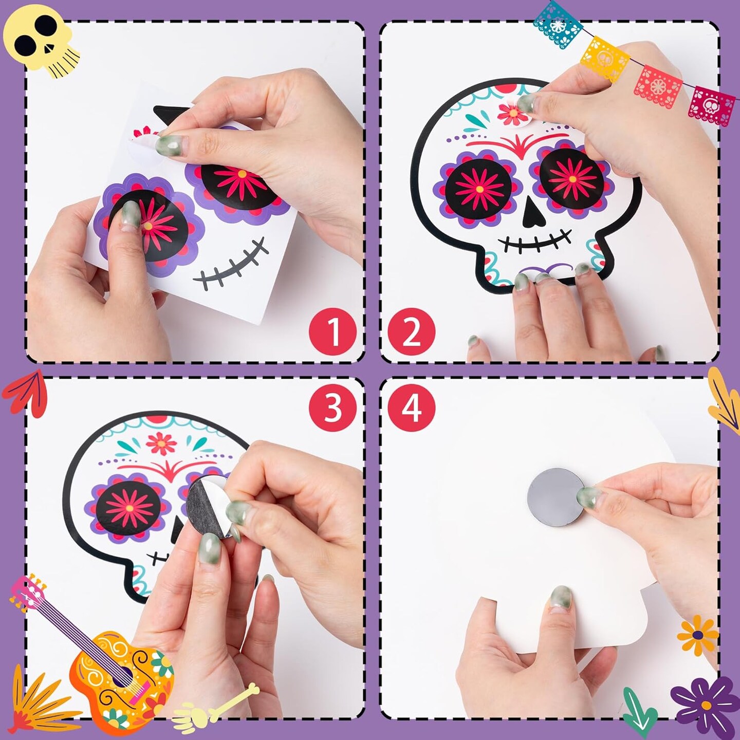 DIY Day of The Dead Magnet Craft Kit - 30 Set Make Your Own Dia de Los Muertos Sugar Skull Decoration Sticker Craft Halloween Mexican Festival Party Supply Kid Art Project Bulletin Board Decor