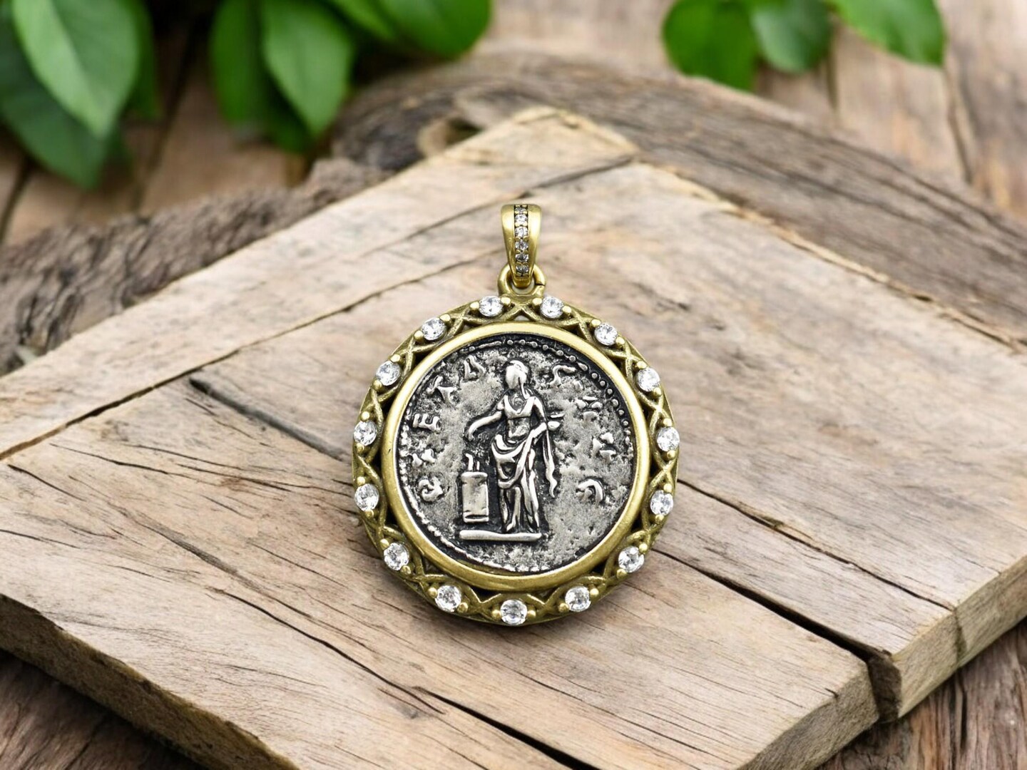 29x26mm 18k Gold Plated Brass Micro Pave Cubic Zirconia Greek Coin Pendant