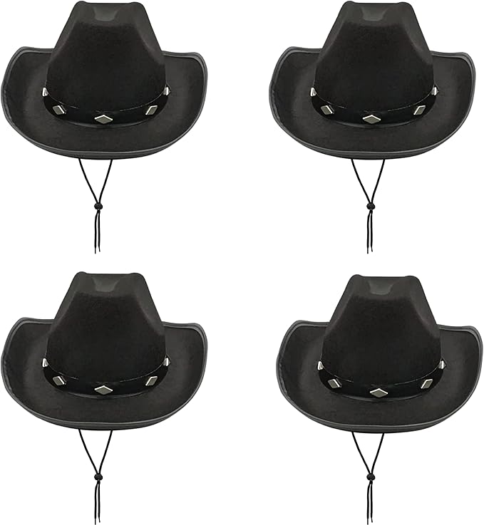 4E&#x27;s Novelty 4 Pack Black Cowboy Hat Party Pack (Kid Size) - Felt Cowgirl Hats for Girls, Boys, Teens