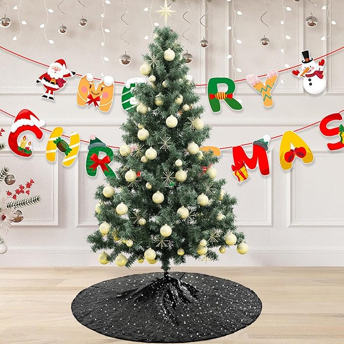 Sequin Tree Skirt for Christmas 36 Inch Black Sparkly Halloween Decoration Thick Satin Backing
