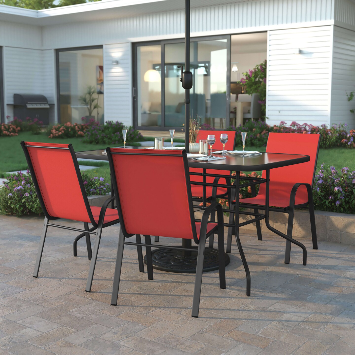 Emma and Oliver Five Piece Patio Table Set with Metal Table with Tempered Glass Top and 4 Flex Comfort Stacking Chairs