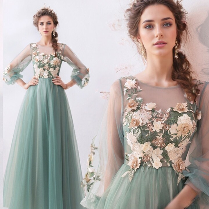 product name is Tulle ball gown,Flower Lace wedding Dress,Princess Bridal Dress,Floor length wedding gown,Lace Applique Bridal dress,Vintage,evening dress