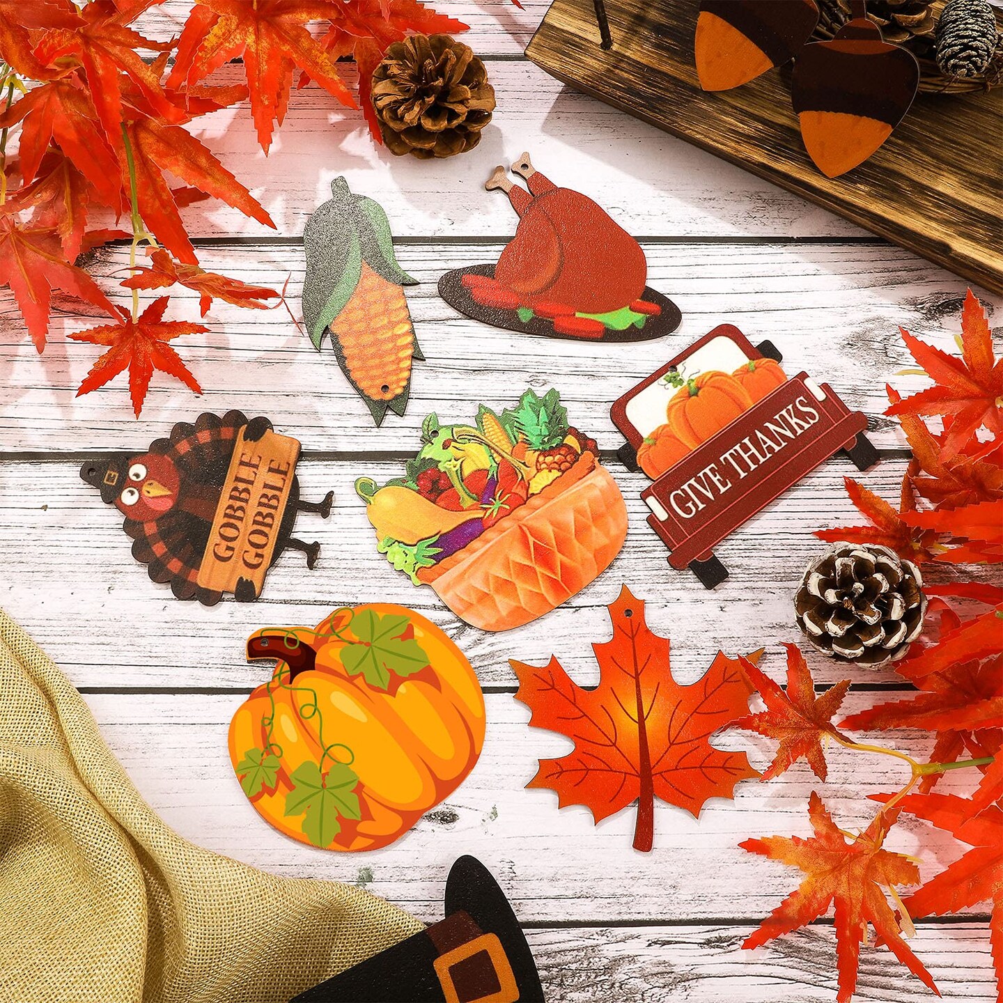 30 Pieces Fall Thanksgiving Wooden Ornaments Thanksgiving Pumpkin Cutouts Fall Mix Colorful Cutouts Turkey Maple Leaves Acorn Wooden Ornament Fall Hanging Ceiling