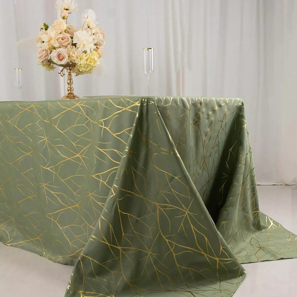 90&#x22;x132&#x22; Dusty Green Polyester Rectangle Tablecloth with Geometric Pattern Party