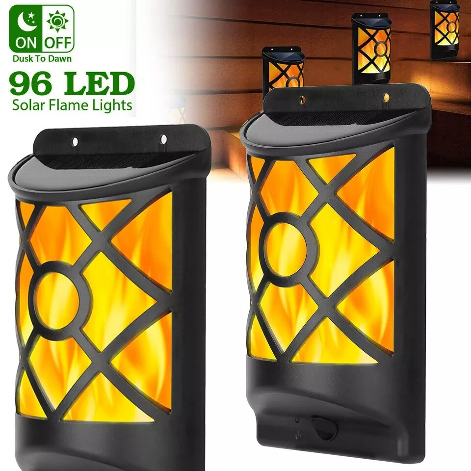 4Pack Flame Solar Power 96 LED Light Auto On Off Sensor Outdoor Lamp Wall Garden