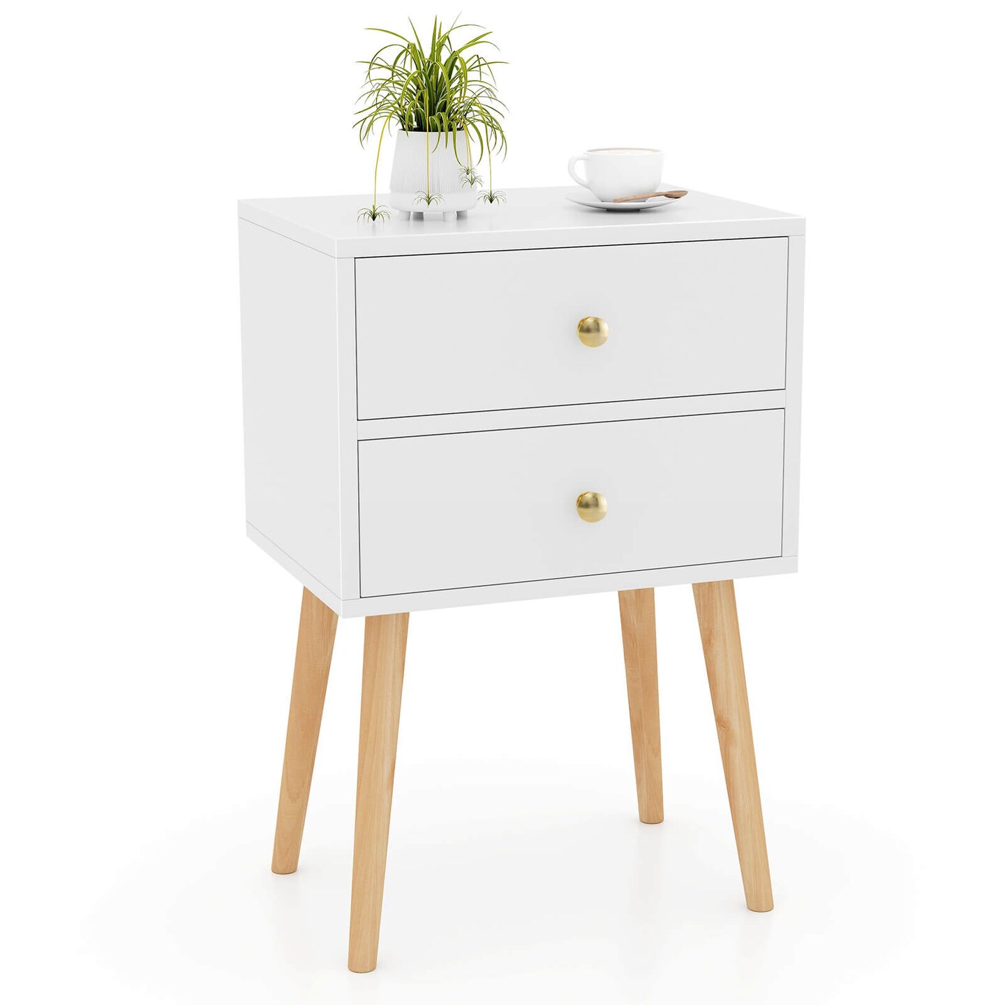 Costway Nightstand Mid-century Modern Bedside Table with 2 Drawers Solid Wood Support Legs