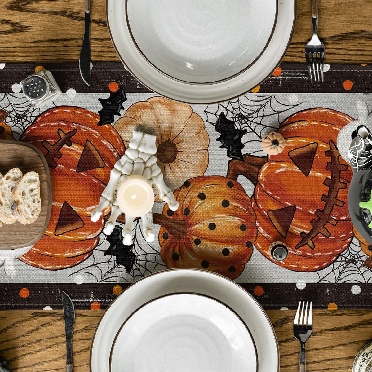 Jack-O&#x27;-Lantern Pumpkin Ghost Spider Web Halloween Table Runner - Black Beige