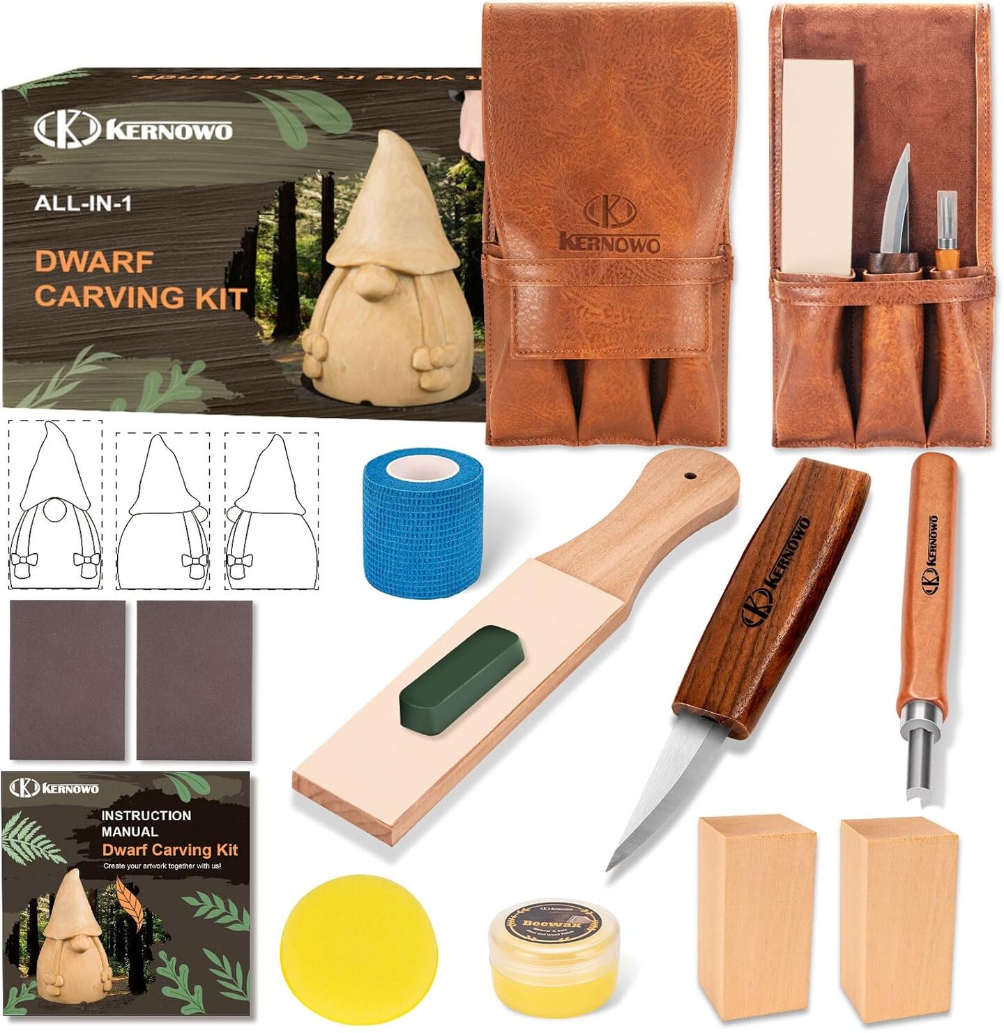 All-in-1 Wood Carving Kit for Beginners – Whittling Tools Set with Video Tutorials, Templates, Leather Storage Bag & Accessories
