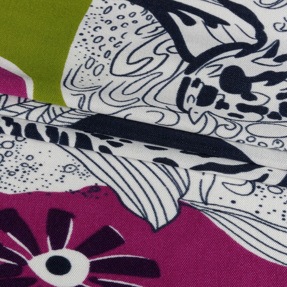 1 Yard Designer Magenta Kiwi Navy Flowers and Animal Sketches Silk Jersey 44&#x22; Wide Stretch Silk Fabric
