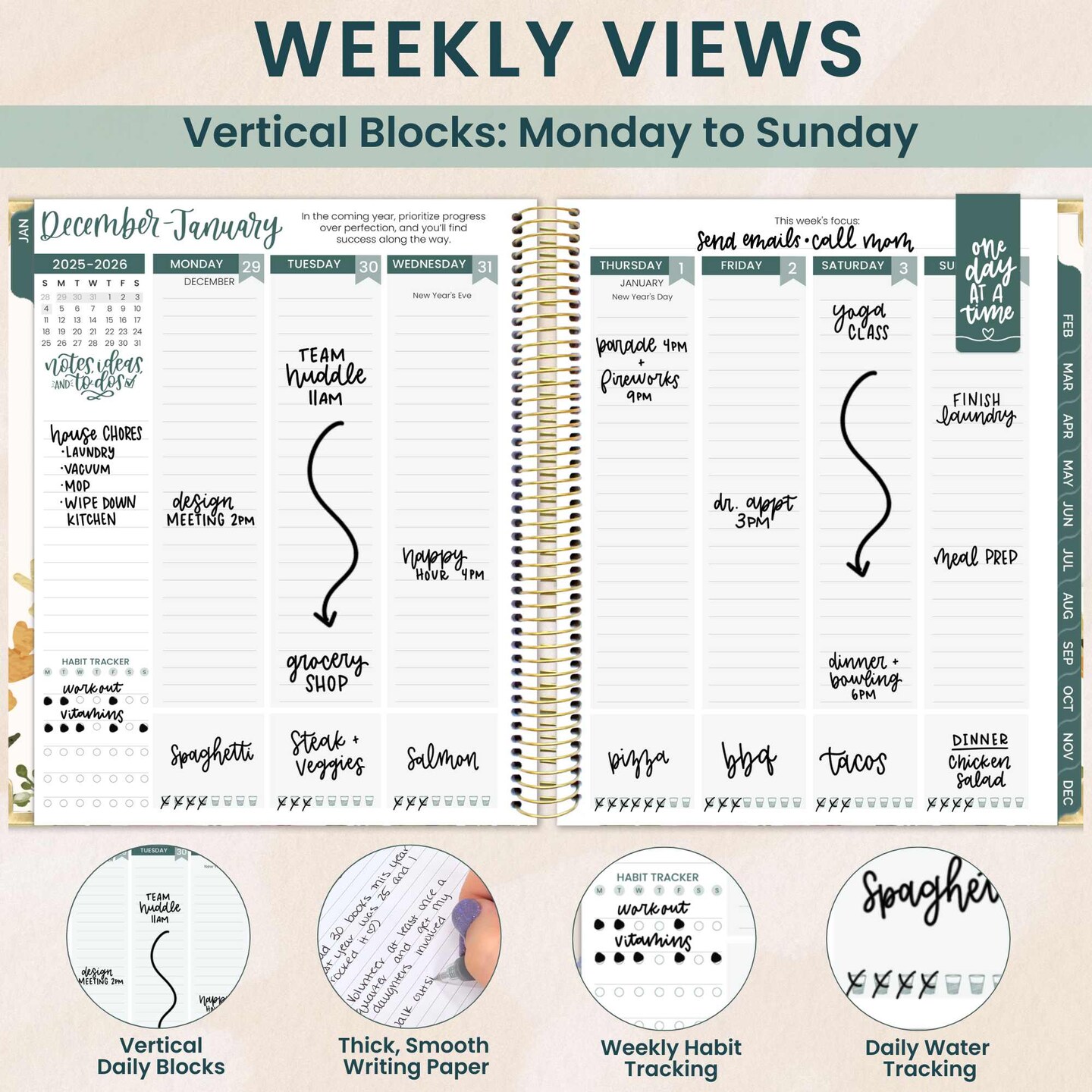 bloom daily planners 2026 Hard Cover Weekly &#x26; Monthly Vision Planner, 7.5&#x22; x 9&#x22;, Beige Bouquet