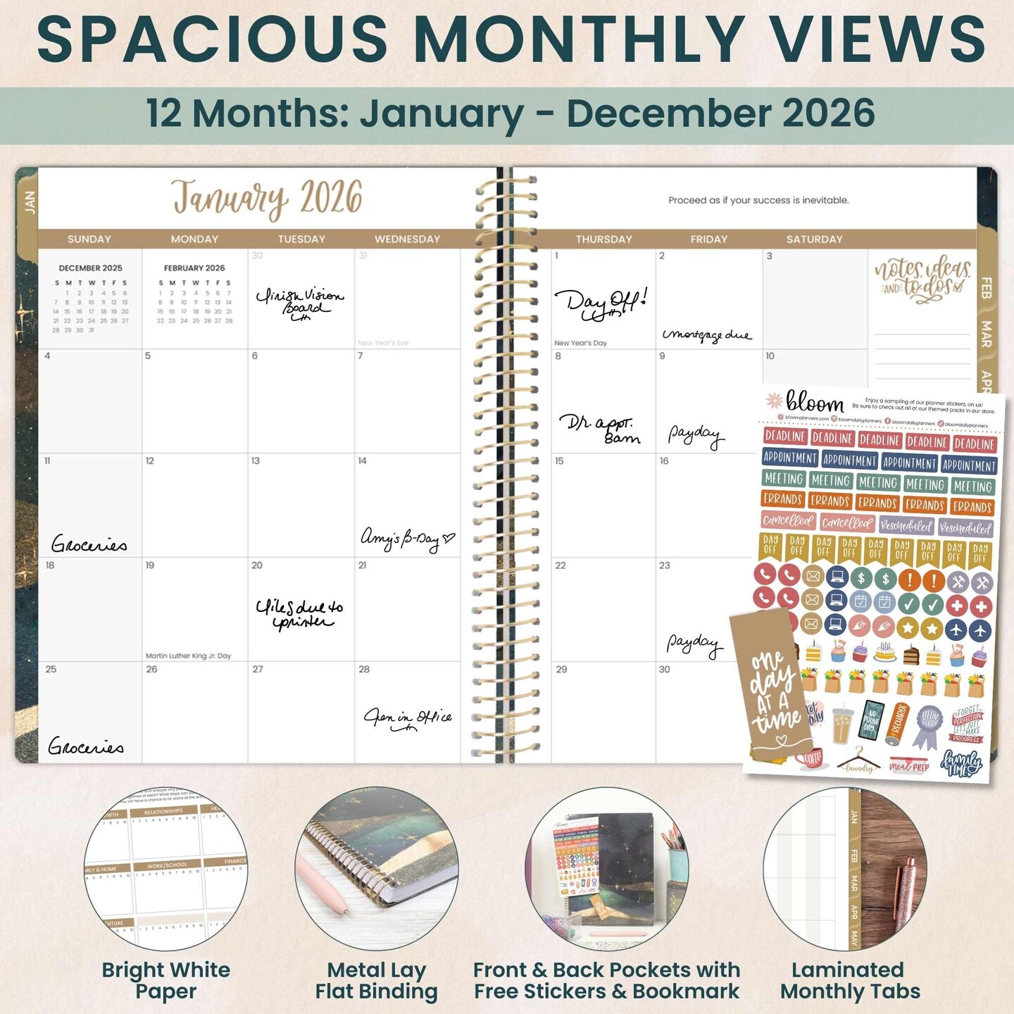 bloom daily planners 2026 Soft Cover Weekly & Monthly Planner, 8.5" x 11", Celestial Skies