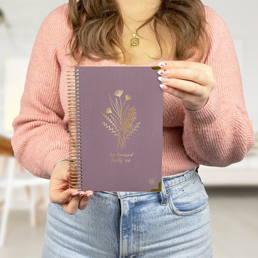 bloom daily planners 2026 Hard Cover Weekly & Monthly Planner, 5.5" x 8.25", Linen, Purple