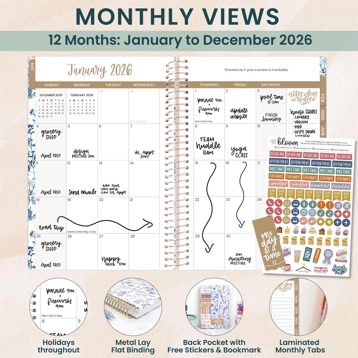 bloom daily planners 2026 Soft Cover Weekly &#x26; Monthly Planner, 5.5&#x22; x 8.25&#x22;, Blue &#x26; White Floral