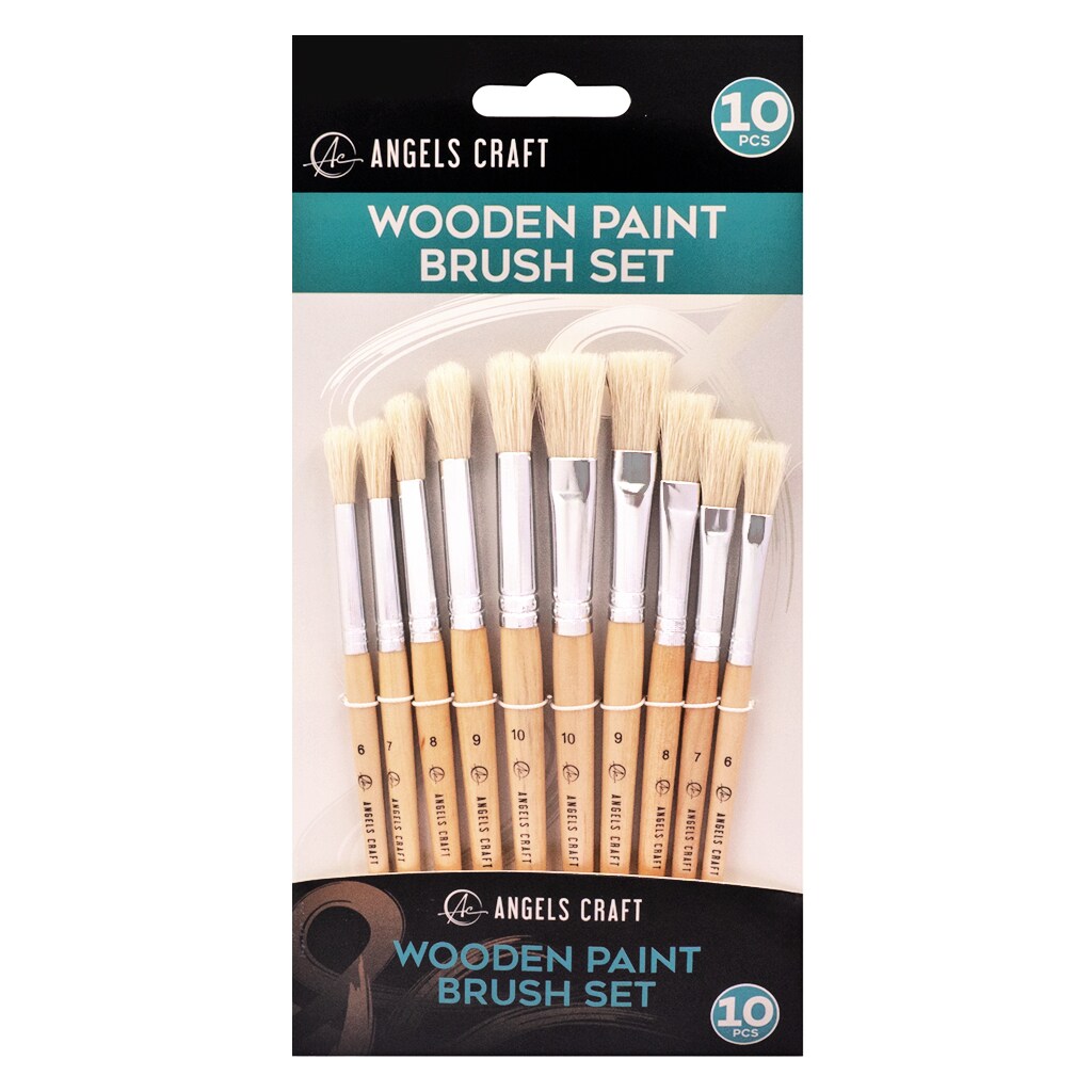 Angels Craft 10 Count Wooden Paint Brush Set, Round and Flat Tips