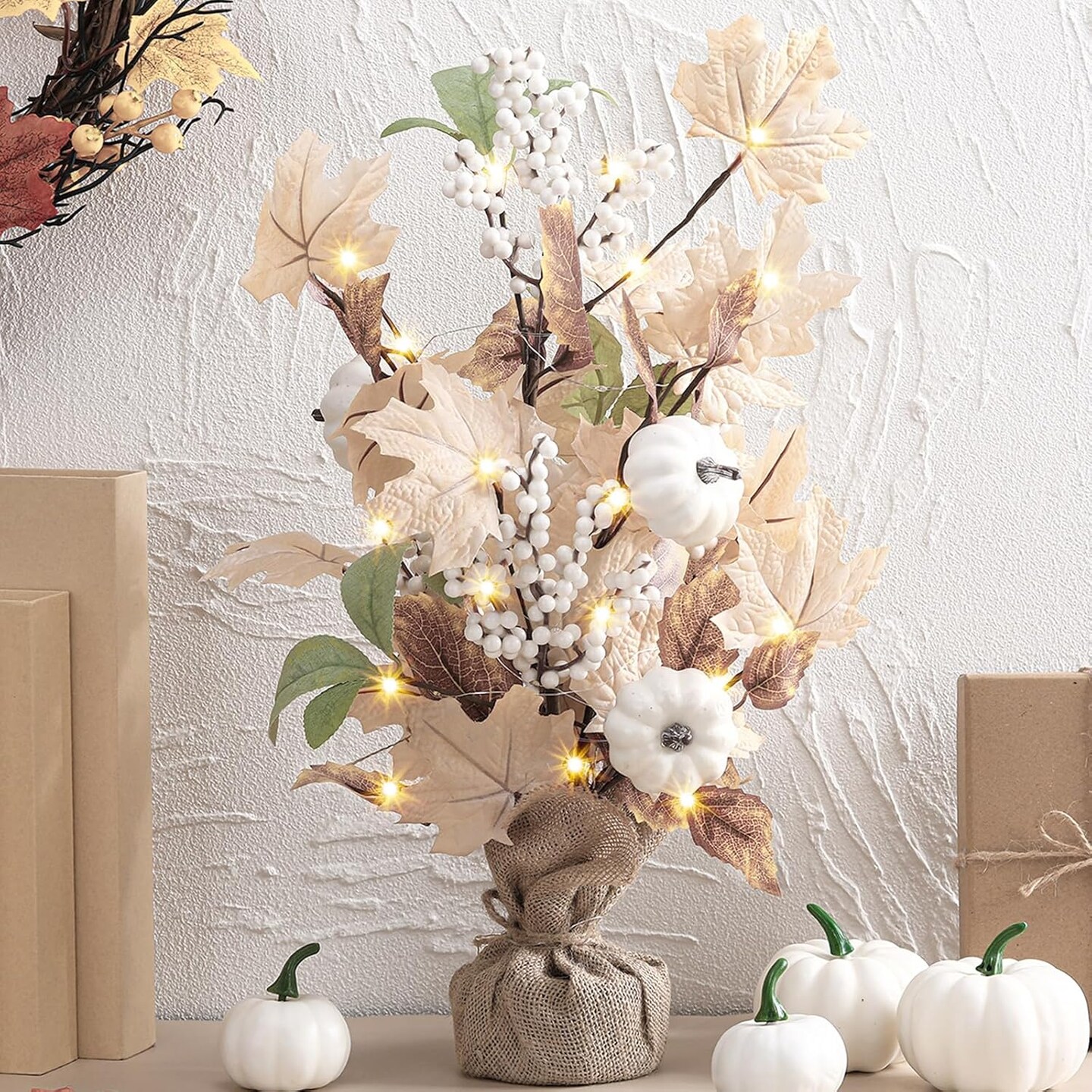 Lighted Maple Leaf Pumpkin Tree Tabletop Decor - 18 Inch