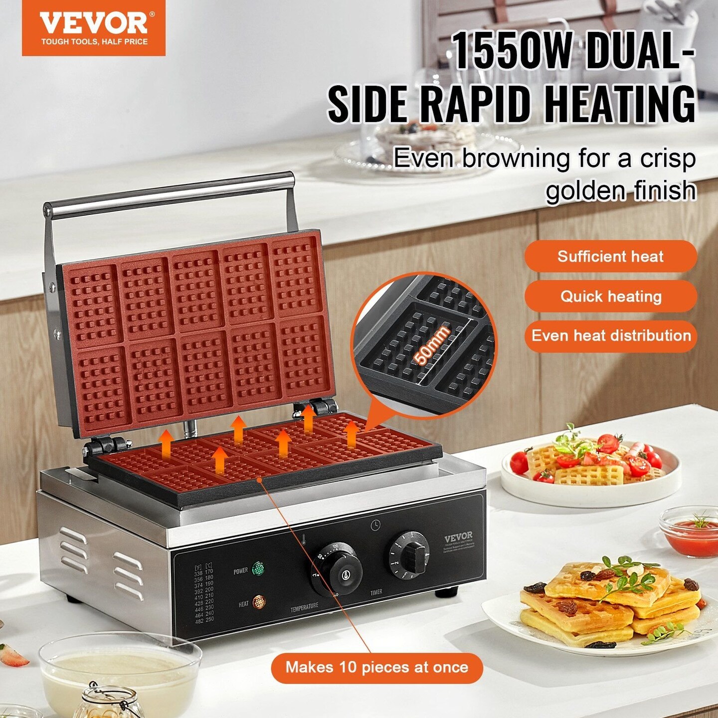 VEVOR-Silver-Commercial Waffle Maker for Fluffy and Crispy Waffles-1 Piece