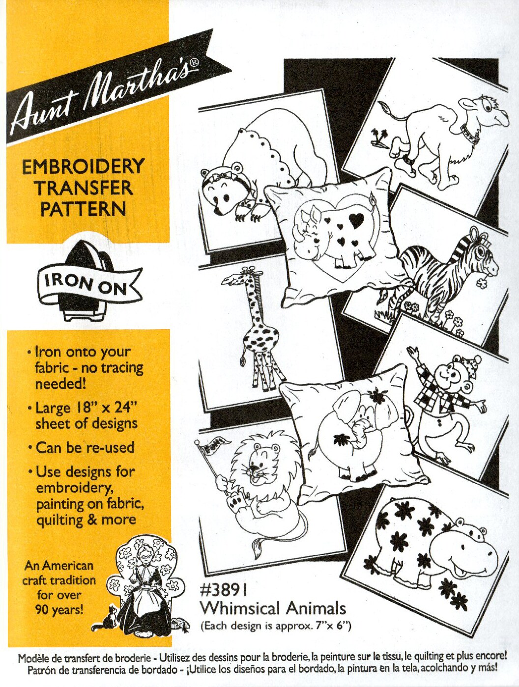 Aunt Martha's Whimsical Animals 3891 embroidery iron on pattern