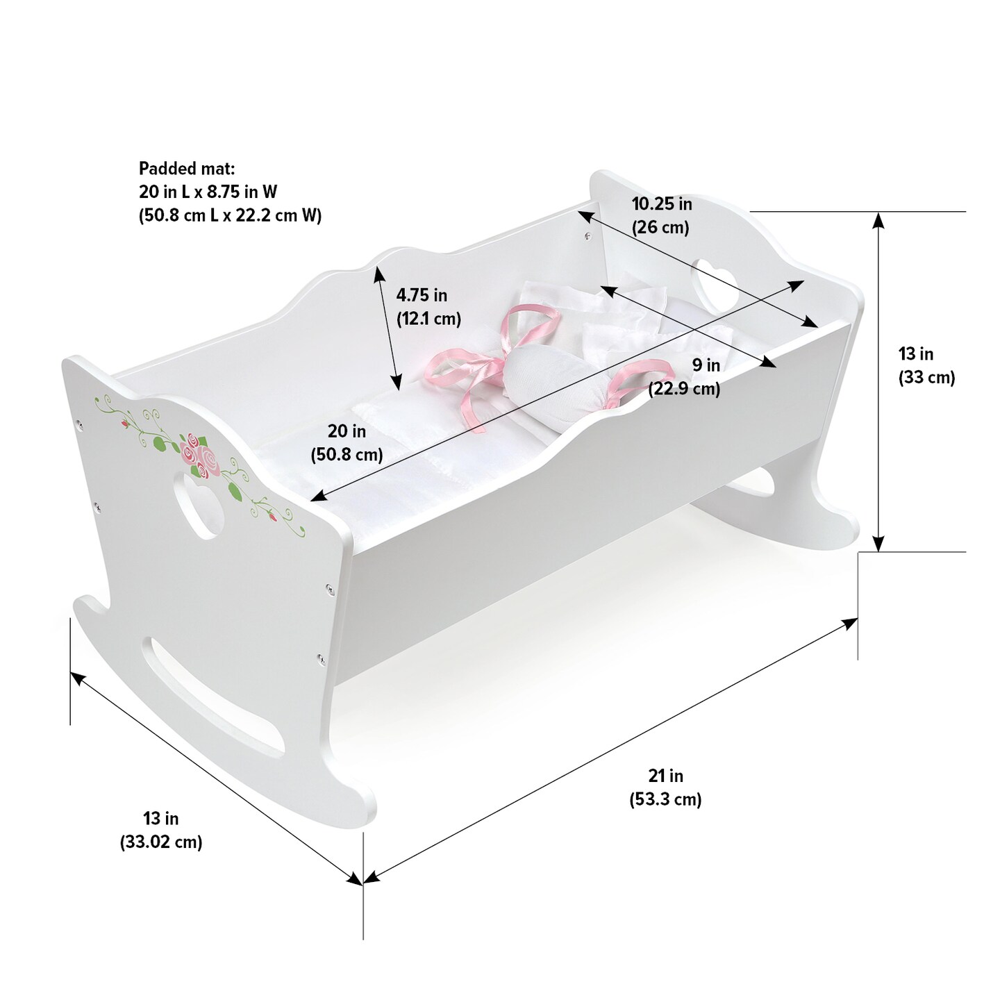 Badger Basket Doll Cradle with Bedding and Free Personalization Kit - White Rose