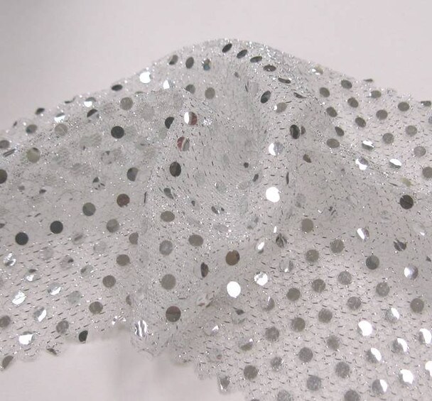 1 Yard White Silver Confetti Dot Sequin Fabric Shimmer Lightweight Costume Event Knit 41/42&#x22; Wide