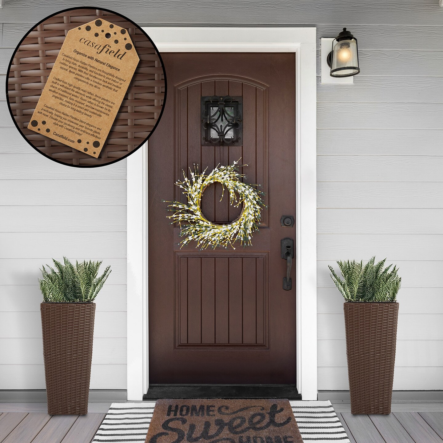 Casafield Set of 2 All-Weather Outdoor Planters with Liners, Tall Tapered Plant Boxes with Flower Pots for Front Porch, Patio, Garden - Espresso