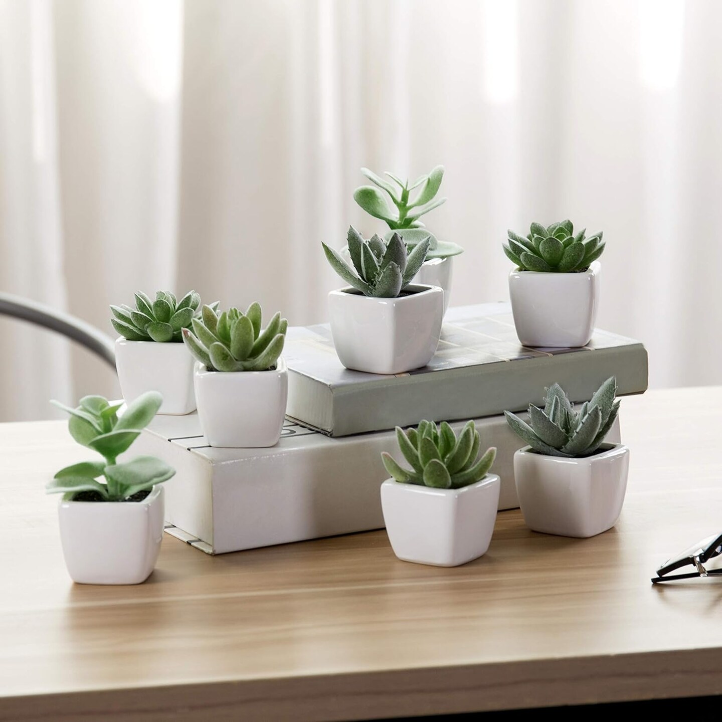 Set of 4 Mini Artificial Succulent Plants in Square White Ceramic Pots – Faux Green Succulents with Moss Soil for Home, Office, Desk, Shelf & Tabletop Decor