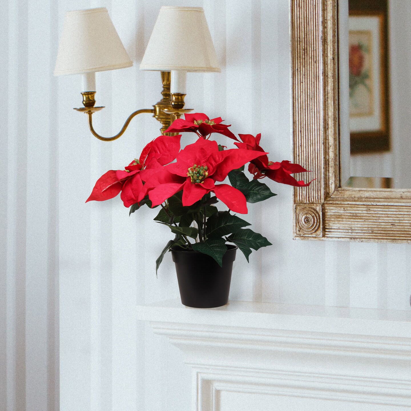 13&#x22; Red Velvet Poinsettia Bush in Black Pot with 5 Silk Flowers - Lifelike Holiday Decor for Tabletop &#x26; Mantel | Elegant Christmas Accent | Festive &#x26; Versatile Indoor Decoration - 2024 Christmas Collection, Floral Home by Artificial Flowers