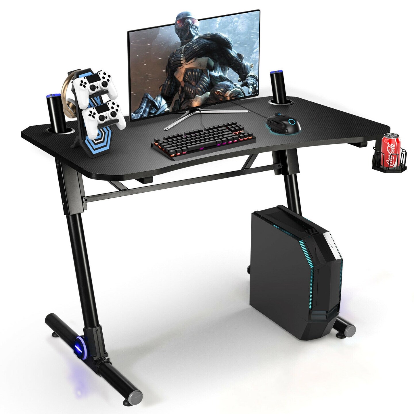 Gaming Desk Carbon Fiber Desktop Z Shape Frame Adjustable Height with LED Lights Black