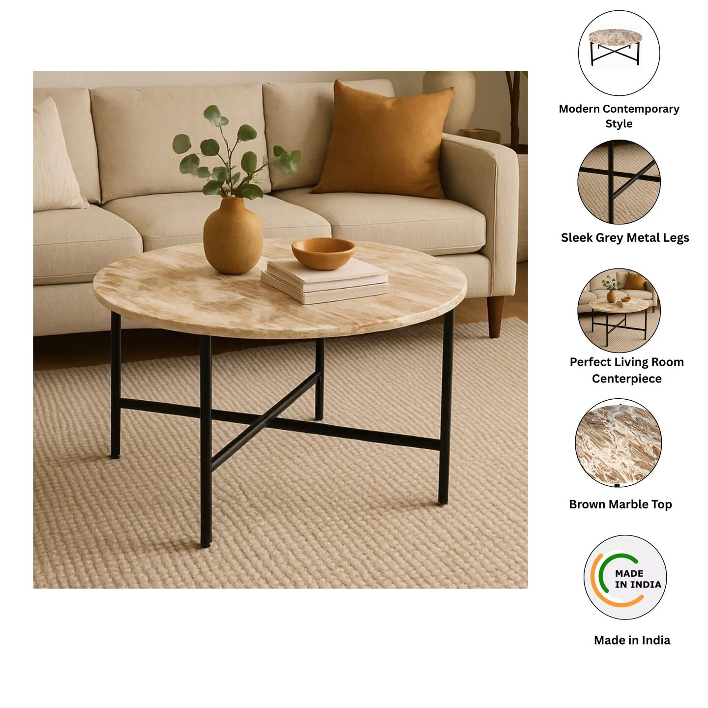 Brown Marble Nesting Table with Metallic Grey Metal Frame (17" Height) | Elegant & Sturdy Side Table | Space-Saving Modern Design | Perfect for Living Room, Bedroom, Office & Home Décor