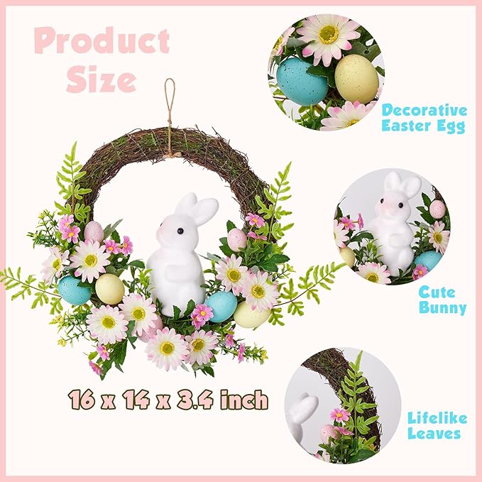 Easter Wreath, Easter Decorations 16 in Easter Font Door Wreath with Easter Bunny and Colorful Flowers and Decorative Eggs, Spring Front Door Decoration for Home Party and Holiday Celebrations