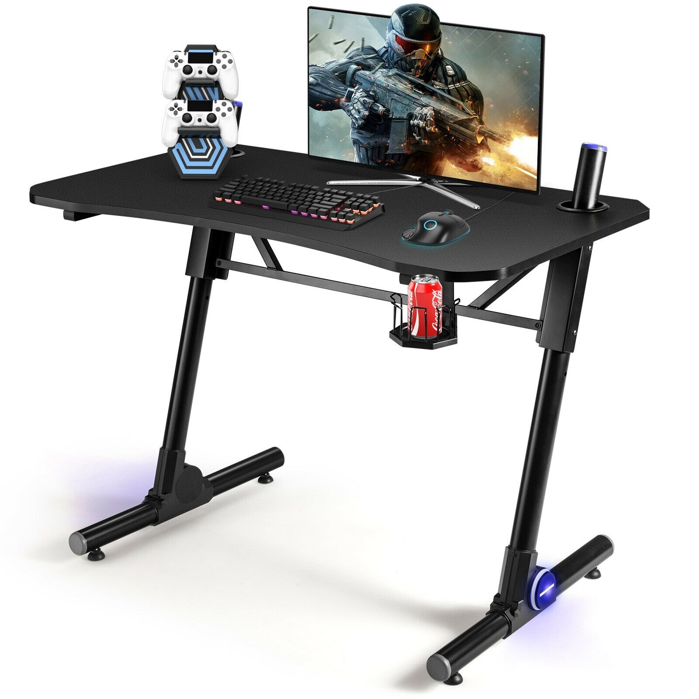 Gaming Desk Carbon Fiber Desktop Z Shape Frame Adjustable Height with LED Lights Black