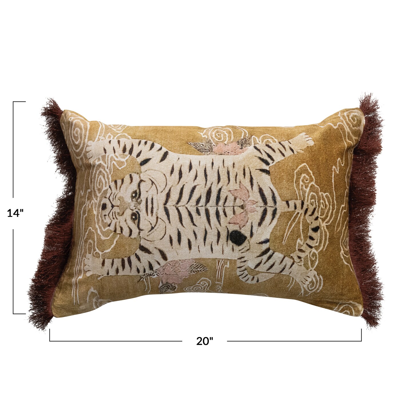 Hello Honey Tibetan Tiger Print Fringe Cotton Velvet Lumbar Pillow, Multicolor Finish