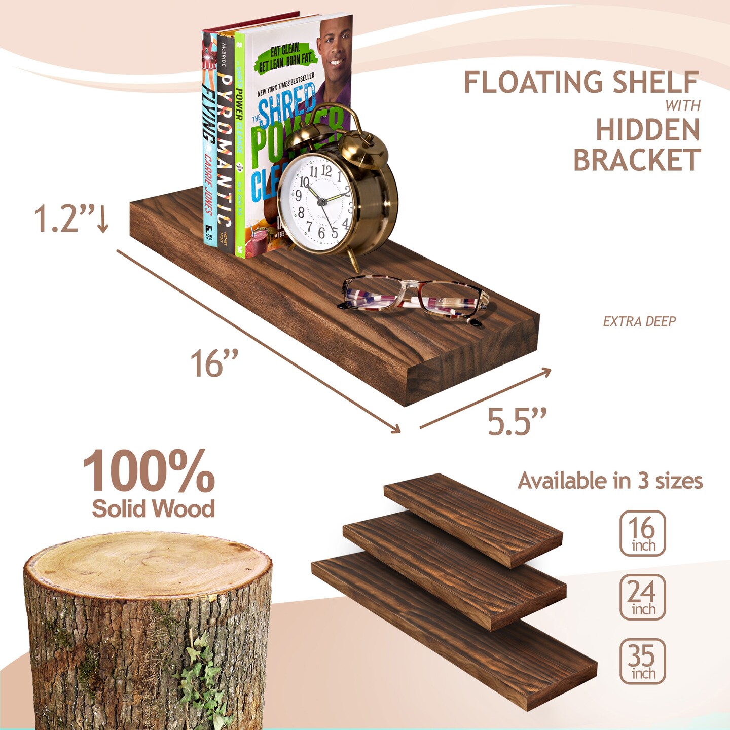 Sorbus Wood Floating Shelves for Wall - 16” Solid Wood Wall Shelves for Bathroom Decor, Books, Bedroom & Living Room - Set of 2 Black Wall Mounted Kitchen Shelves - Durable 100% Premium Solid Pine
