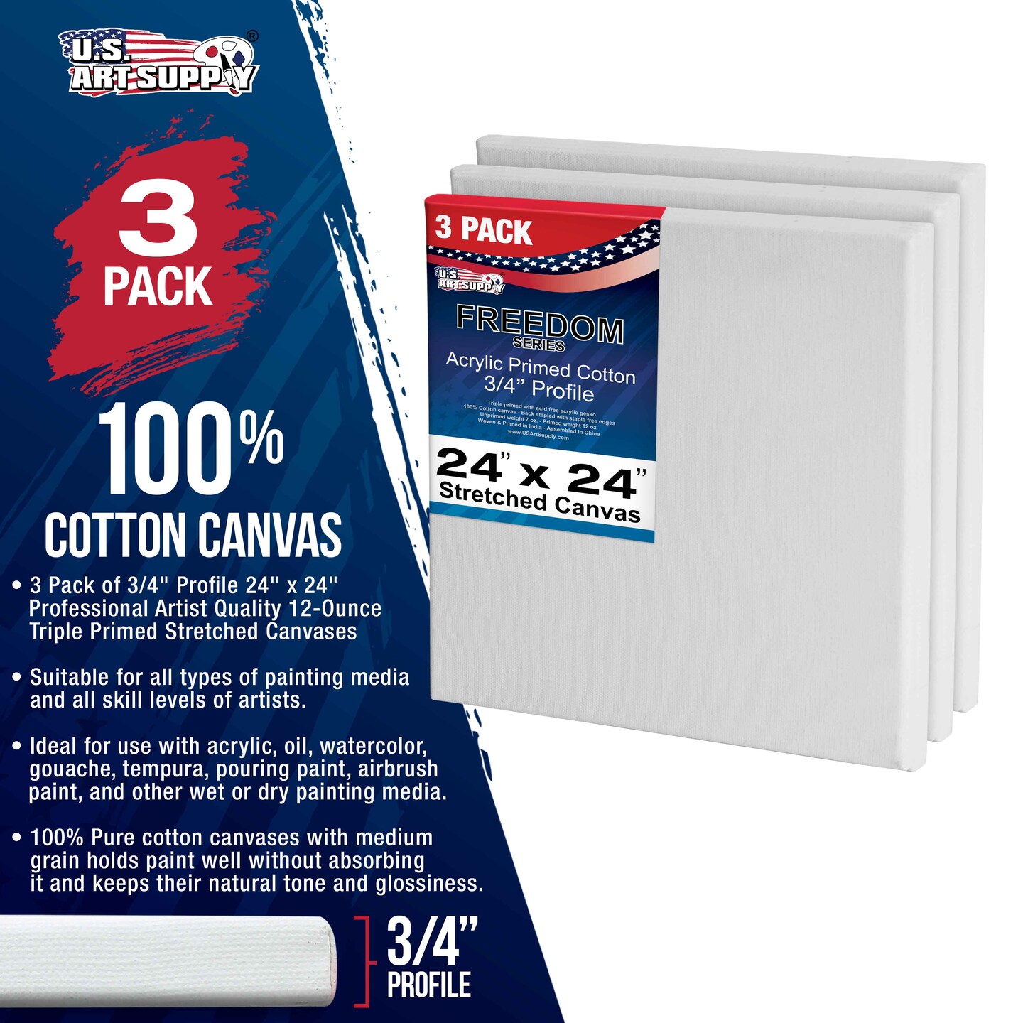 24 x 24 inch Stretched Canvas 12-Ounce Triple Primed, 3-Pack - Professional Artist Quality White Blank 3/4&#x22; Profile, 100% Cotton, Heavy-Weight Gesso