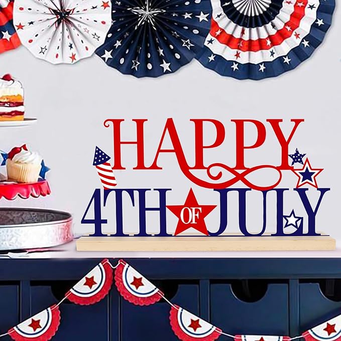 Metal Happy 4th of July Sign – Red White & Blue Patriotic Star Decor – 250th Anniversary Independence Day Decorations for Home & Office – Freestanding Metal Shelf Sitter & Mantel Sign – Sestercentennial Commemorative Tabletop Accent