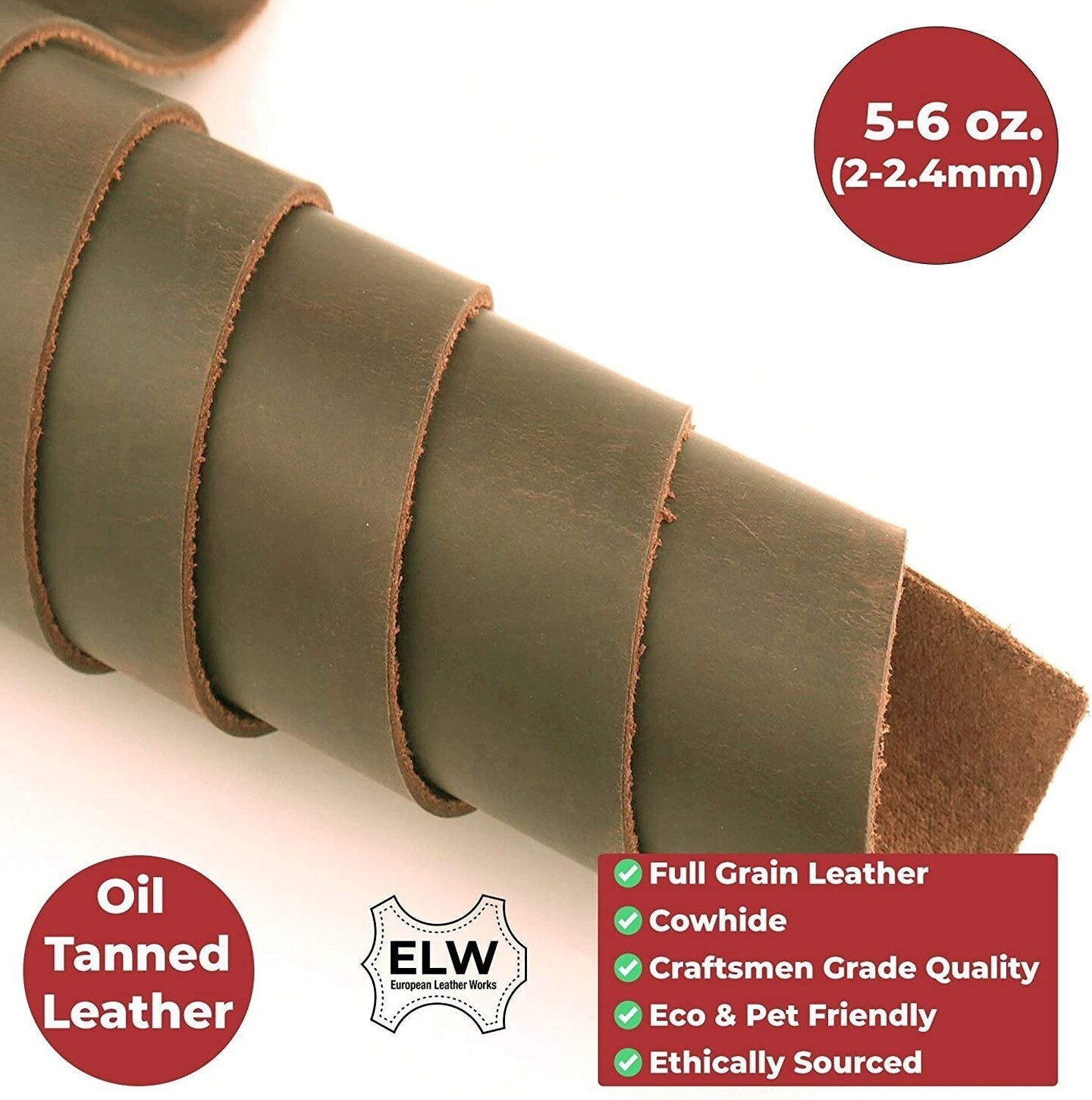 ELW Oil Tanned Leather 5/6 OZ (2-2.4mm) | Full Grain| Pre-Cut Sizes from 6" to 48"| Cowhide Handmade Perfect for Crafting, Sewing, Molding, Workshop