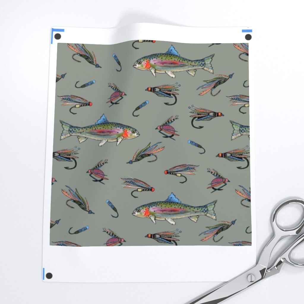 Fly Fishing Sage Green Rainbow Trout Fish Sports Alpine River Custom Printed Fabric by Spoonflower Various Fabrics by the Yard or Fat Quarter