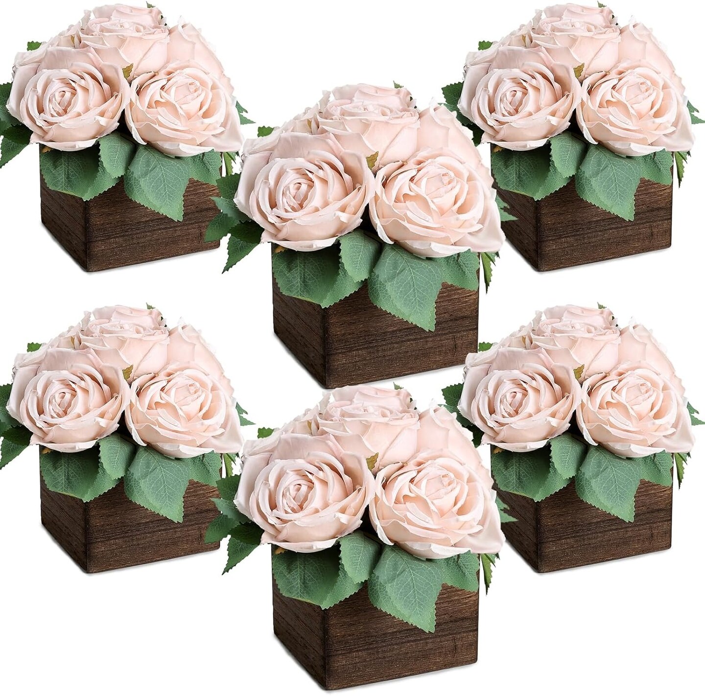 Set of 6 Artificial Rose Table Centerpieces with Wooden Vase Faux Floral Arrangement for Wedding and Home Decor