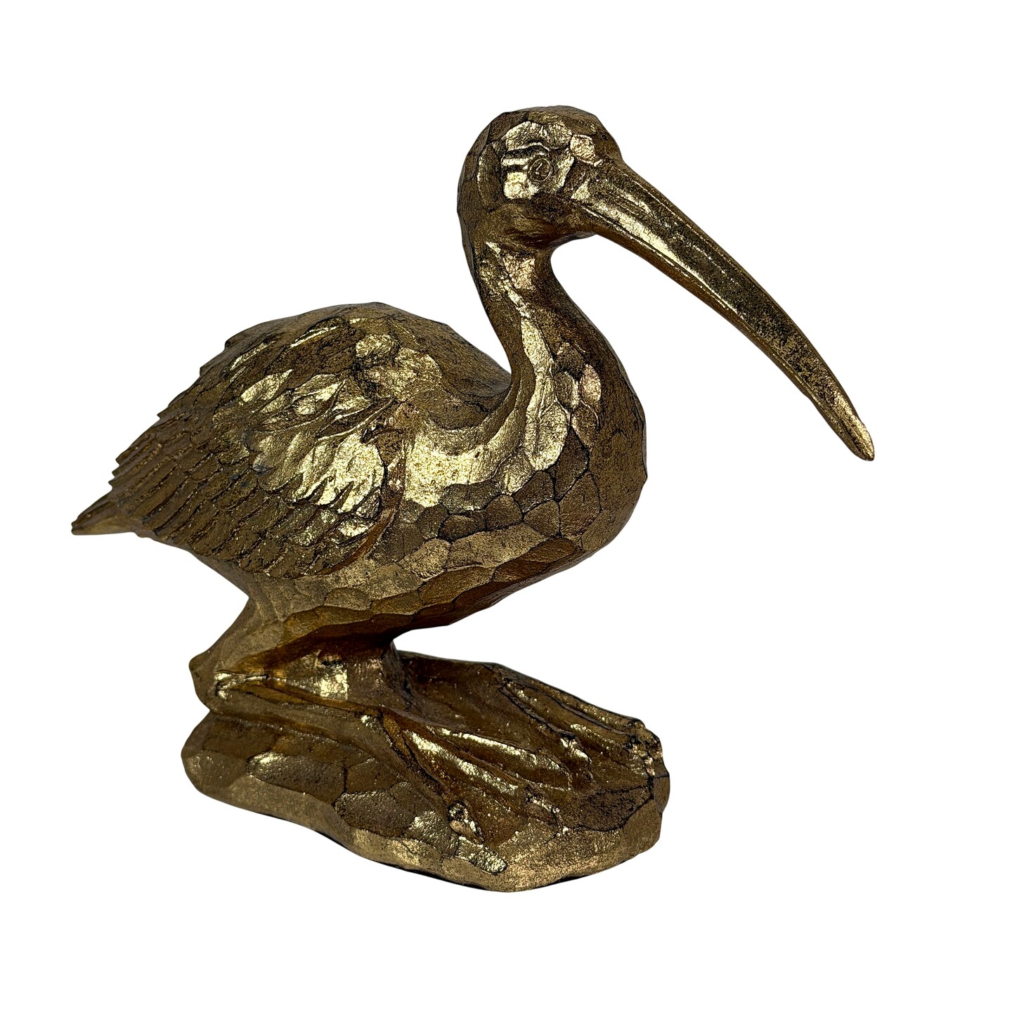 Gold Resin Crane Statue Bird Figurine 9.75 in Antique Style Table Decor