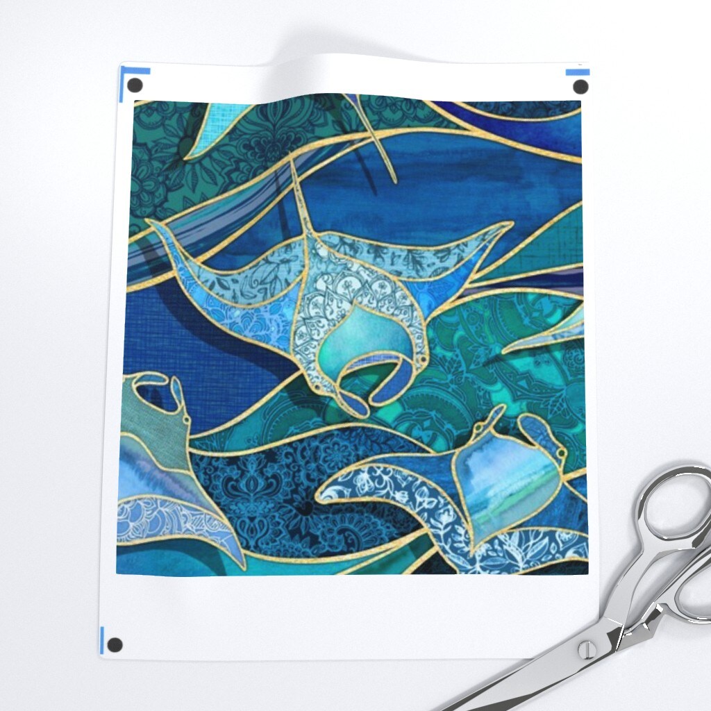 Sea Creatures Manta Ray Ocean Life Turquoise Blue Golden Yellow Teal Green Animals Gorgeous Fish Giant Mantas Cobalt Sapphire Custom Printed Fabric by Spoonflower Various Fabrics by the Yard or Fat Quarter