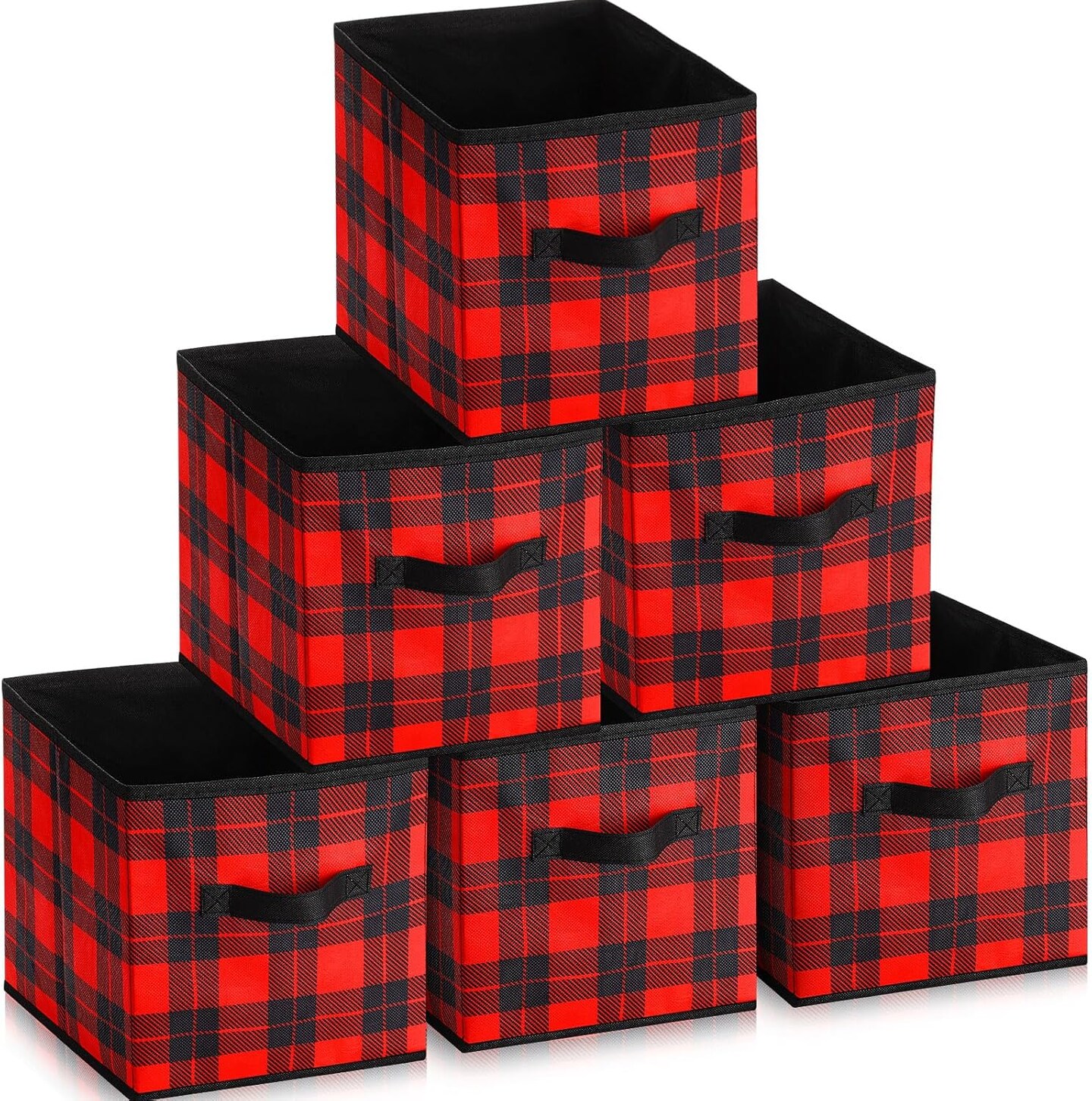 6 Pcs Buffalo Plaid Storage Bins Christmas 10&#x27;&#x27; Buffalo Plaid Foldable Fabric Storage Cube with Handles Christmas Basket Storage Box Organizers for Toys Shelf Closet Home Gift(Red and Black)