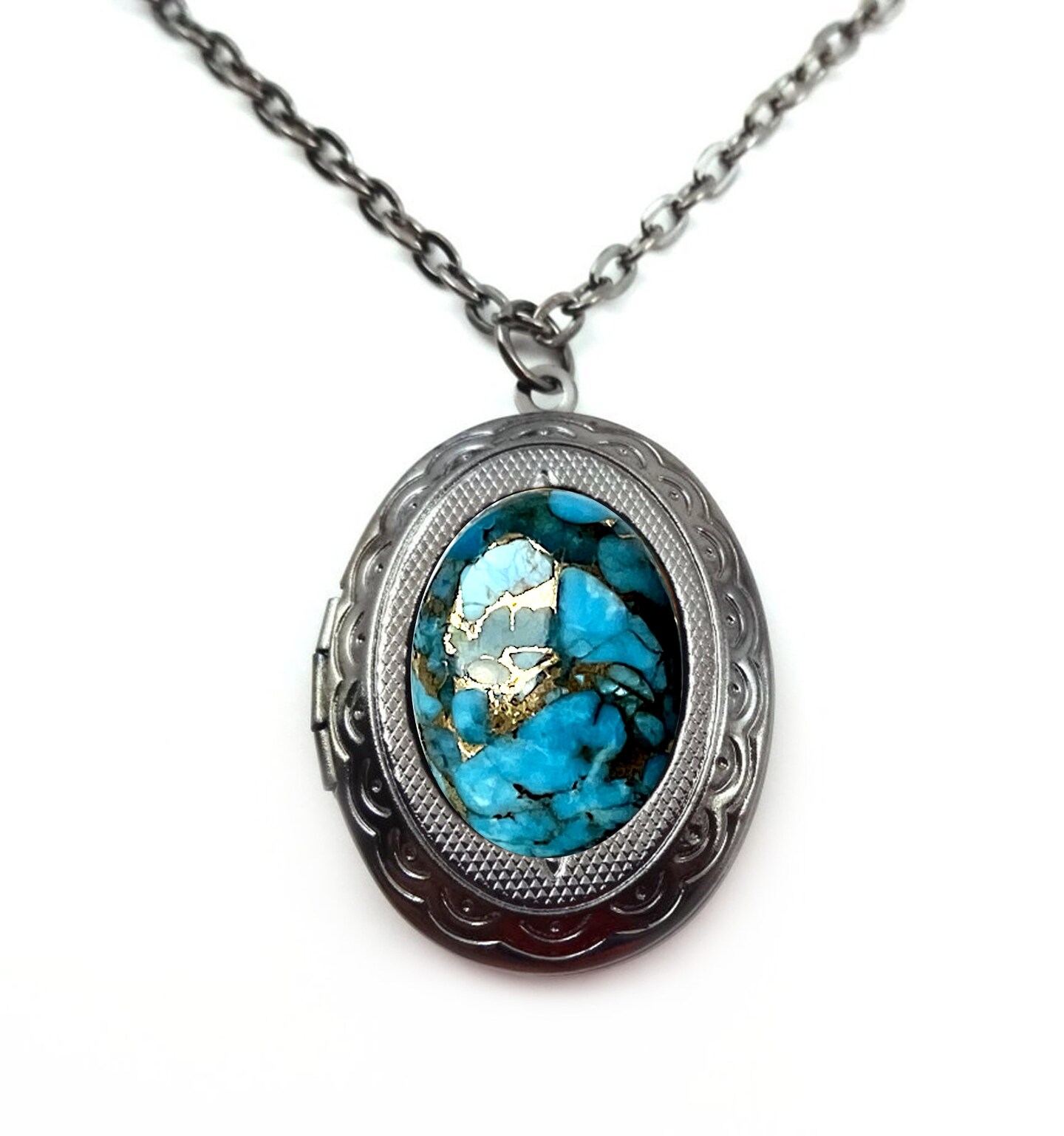 Copper Turquoise Victorian Style Locket Necklace, 22x29mm Pendant