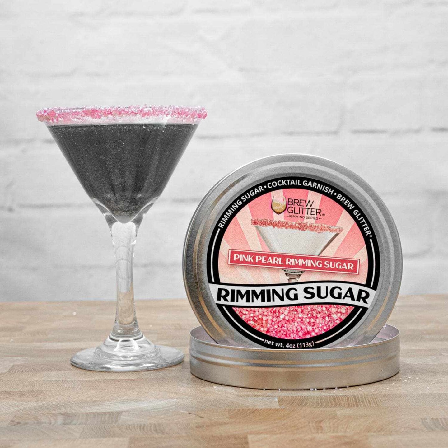 Brew Glitter - Pink Pearl Rimming Sugar (4oz, 1x Bar Tin) Cocktail Garnish for Mixed Drinks &#x26; Refreshments