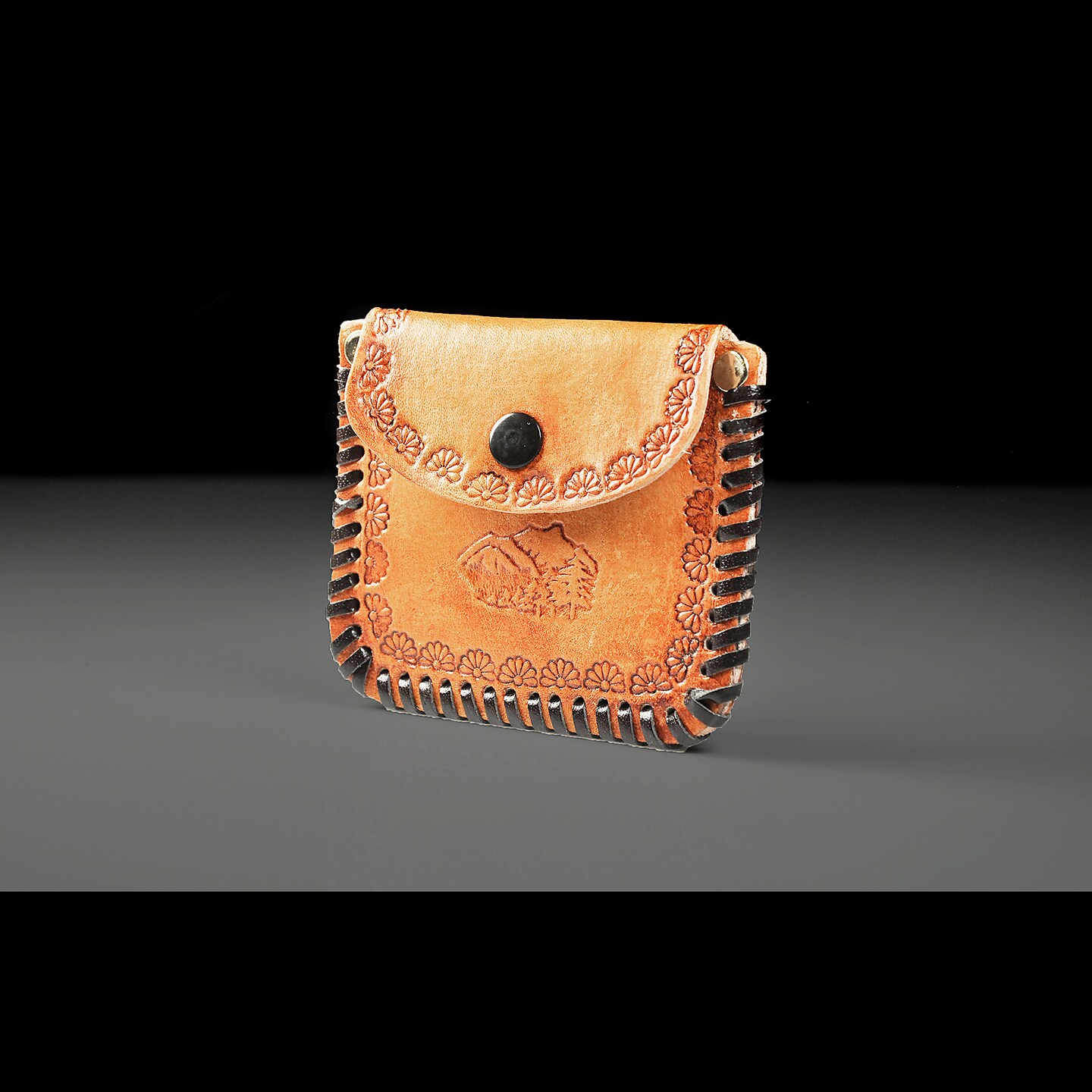 Handmade Leather Coin Purse – Hand-Stamped Mountain Scene, Saddle