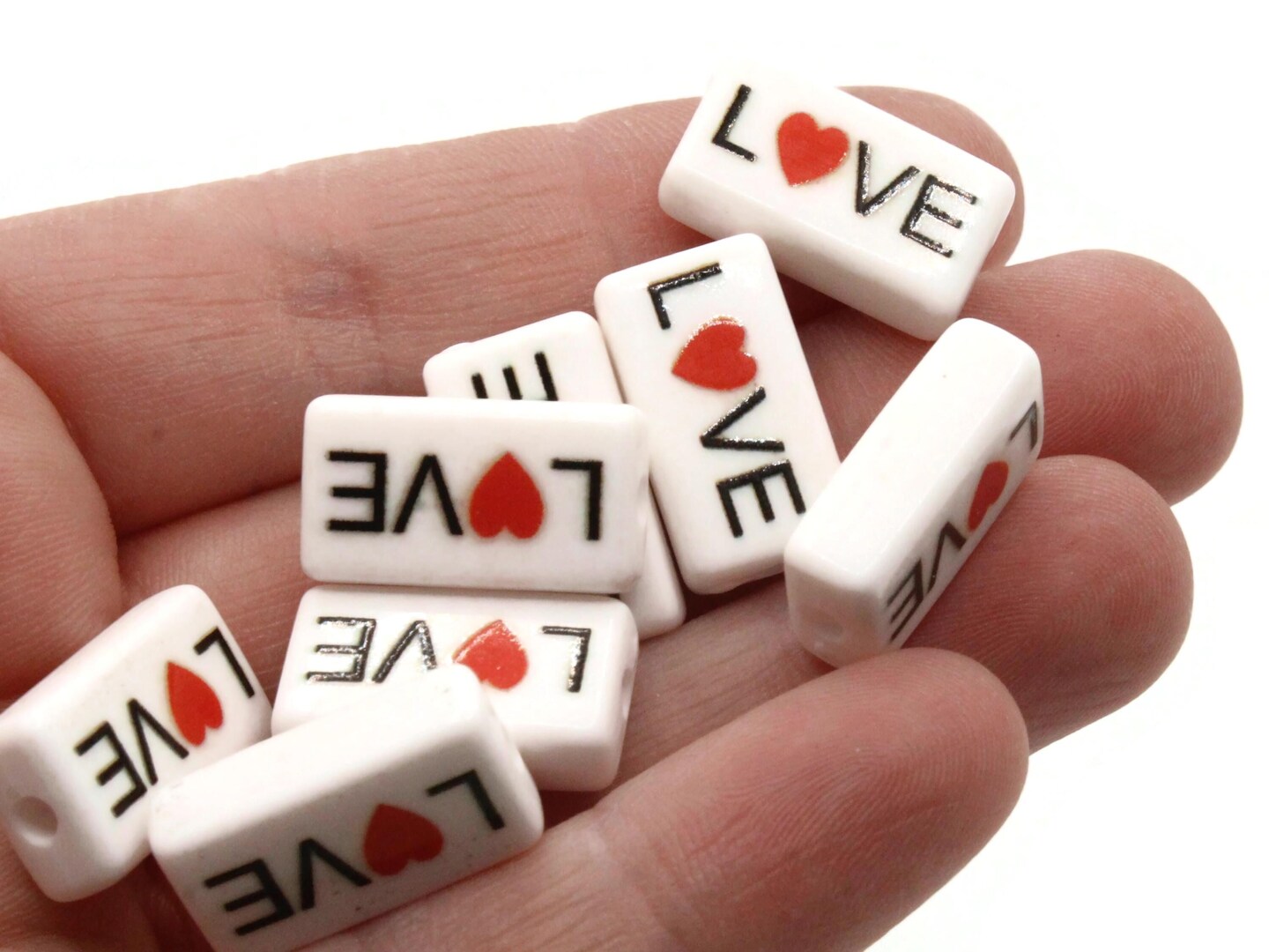 10 18mm Flat Rectangle Love White Red and Black Plastic Beads
