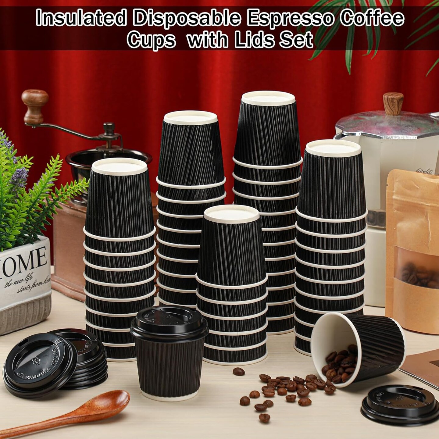 100 Set 4oz Disposable Espresso Cups with Lids Ripple Corrugated Paper Disposable Coffee Insulated Hot Ripple Cups for hot Chocolate, Tea, and Cocoa Drinks