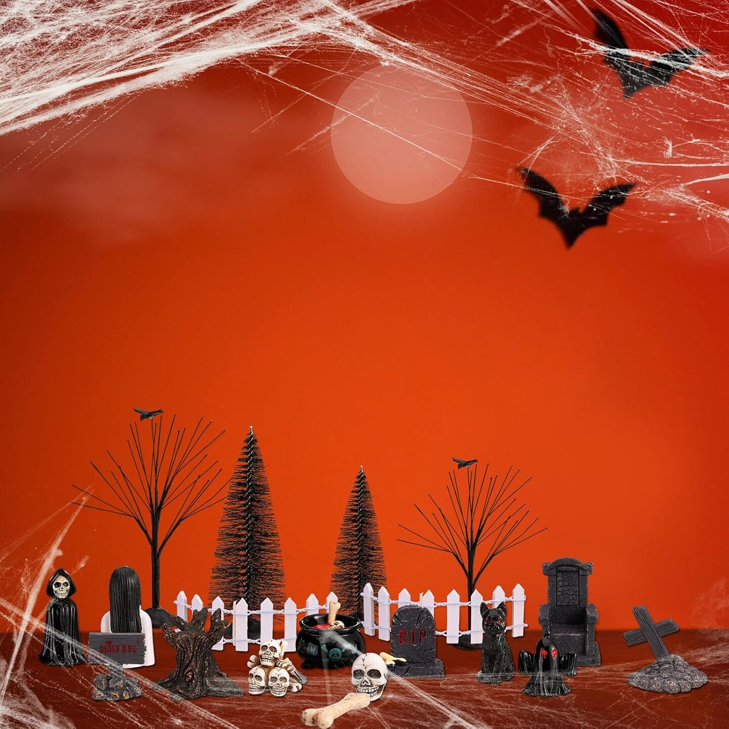 Halloween Figurines Spooky Bare Branches Tombstones Skeleton Skulls